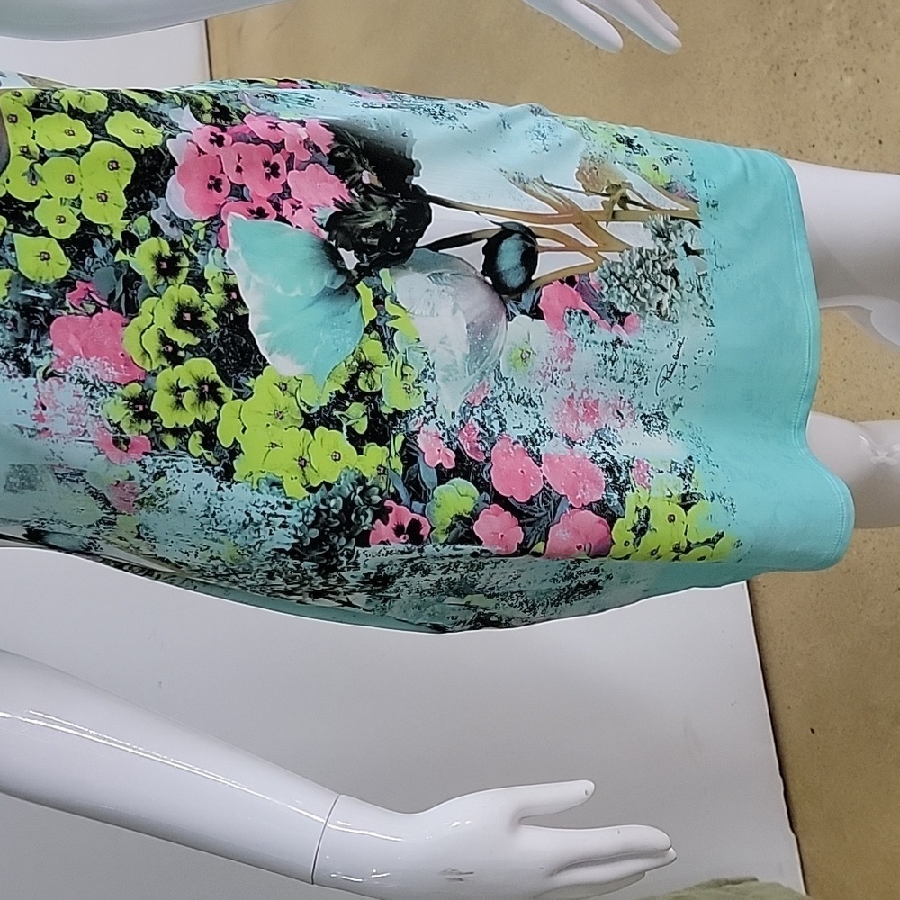 Roberto Cavalli Teal Floral Short Sleeve Mini Dress Size 46 - Picture 3 of 16